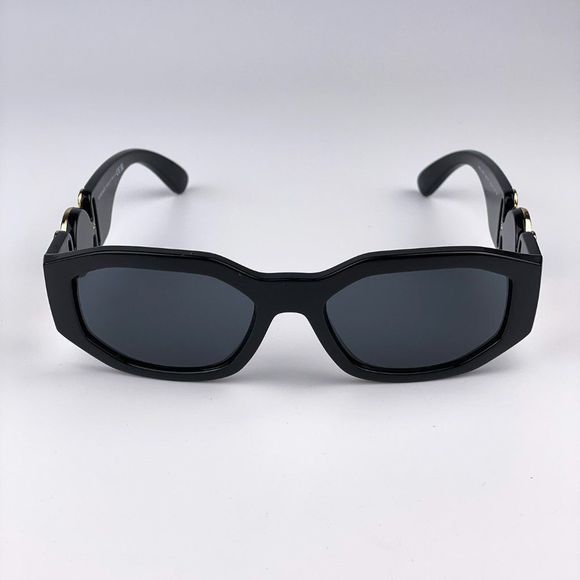 Versace VE4361 GB1/87 Sunglasses Black Gold Logo Dark Grey Oval Unisex - Picture 1 of 14
